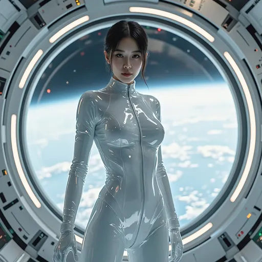 Prompt: (A full body image) A woman wearing the captain's uniform of a future space battleship, in the vast command center of the spaceship, Transparent and tight vinyl suit
The huge transparent glass in front clearly shows the scene of outer space. The command center is full of avant-garde future equipment.
hyper detailed, ultra realistic, highly detailed, surreal heavy mist, AI defined exquisitely beautiful, totally ultra realistic young adult Korean, gorgeously detailed facial features,  perfect body proportions, ultra pale, ultra glamorous, perfect shading, impeccable contrast, HDR, UHD, high res, 64k