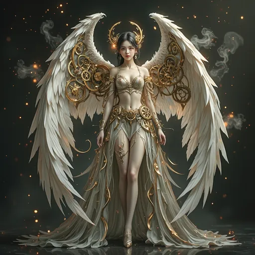 Prompt: (Clockwork angel), intricate mechanical wings, elegant gears intertwined, clockwork clothing and shoes, golden patina, ethereal glow, wisps of steam, serene expression, halo of delicate cogs, set against a dark atmospheric background, faint glimmering lights illuminating, mystical, enchanting, highly detailed, fantasy art style, invoking a sense of wonder, 4K, ultra-detailed.
hyper detailed, ultra realistic, highly detailed, AI defined exquisitely beautiful, totally ultra realistic young adult Korean, gorgeously detailed facial features, sumptuous cleavage, perfect body proportions, ultra pale, ultra glamorous, perfect shading, impeccable contrast, HDR, UHD, high res, 64k