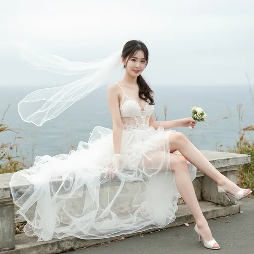 Prompt: Cute and glamorous 20-something Korean woman, very beautiful, baby face
Photoshoot wearing see-through mini wedding dress, garter belt, and high heels
Smiling expression
Outfit that emphasizes glamorous body
Clothing is a bit small
Chest sticks out
Holding a small bouquet in one hand.
Photoshoot on a windy seaside hill.
Skirt and veil blowing in the wind
Sitting on a bench with legs slightly spread
Thighs visible
Wearing a garter belt
splash art, hyper detailed, ultra realistic, highly detailed, surreal heavy mist, AI defined exquisitely beautiful, totally ultra realistic young adult Korean, gorgeously detailed facial features, sumptuous cleavage, perfect body proportions, ultra pale, ultra glamorous, perfect shading, impeccable contrast, HDR, UHD, high res, 64k