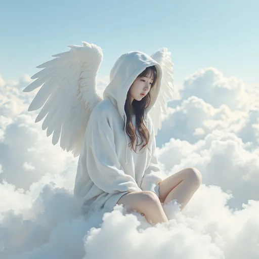 Prompt: A Korean woman angel sitting on a cloud on a sky wearing only an oversized hood knit, full body, photo, 
visible thighs, hyper detailed, ultra realistic, highly detailed, AI defined exquisitely beautiful, totally ultra realistic young adult Korean, gorgeously detailed facial features, perfect body proportions, ultra pale, ultra glamorous, HDR, UHD, high res, 64k, cinematic lighting, special effects, hd octaneArtgerm