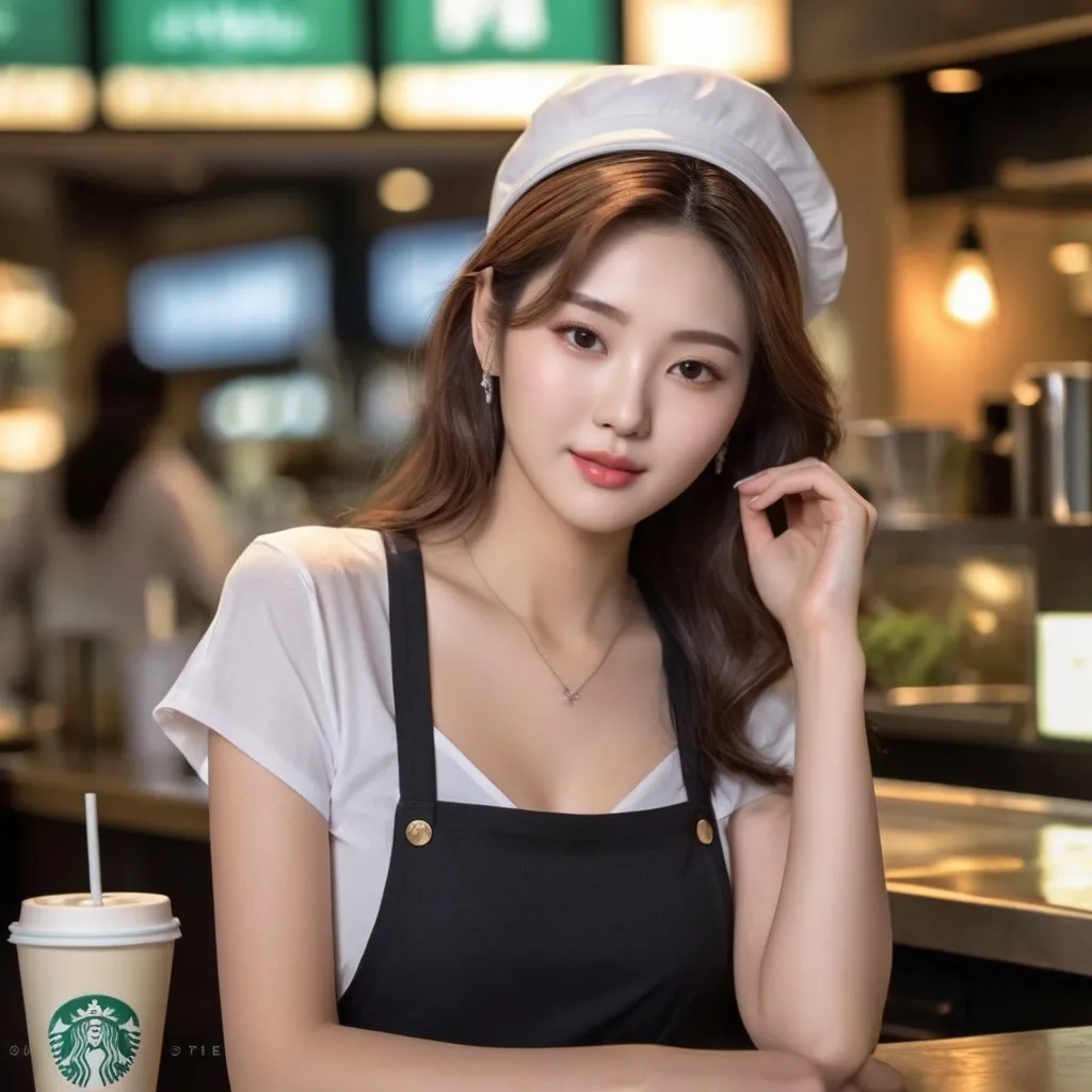 Prompt: Starbucks barista, dazzlingly beautiful face, cute expression, glamorous 20-year-old Korean woman, 
AI defined exquisitely beautiful, totally ultra realistic young adult Korean, gorgeously detailed facial features, sumptuous cleavage, perfect body proportions, ultra pale, ultra glamorous, perfect shading, impeccable contrast, HDR, UHD, high res, 64k