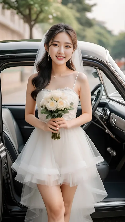 Prompt: Cute and glamorous 20-something Korean woman, very beautiful, baby face
Photoshoot wearing see-through mini wedding dress, garter belt, and high heels
Smiling expression
Outfit that emphasizes glamorous body
Clothing is a bit small
Chest sticks out
Holding a small bouquet in one hand.
A dazzlingly beautiful Korean woman in her 20s taking off her wedding dress in a classic car.
Thighs visible
Wearing a garter belt
splash art, hyper detailed, ultra realistic, highly detailed, surreal heavy mist, AI defined exquisitely beautiful, totally ultra realistic young adult Korean, gorgeously detailed facial features, sumptuous cleavage, perfect body proportions, ultra pale, ultra glamorous, perfect shading, impeccable contrast, HDR, UHD, high res, 64k