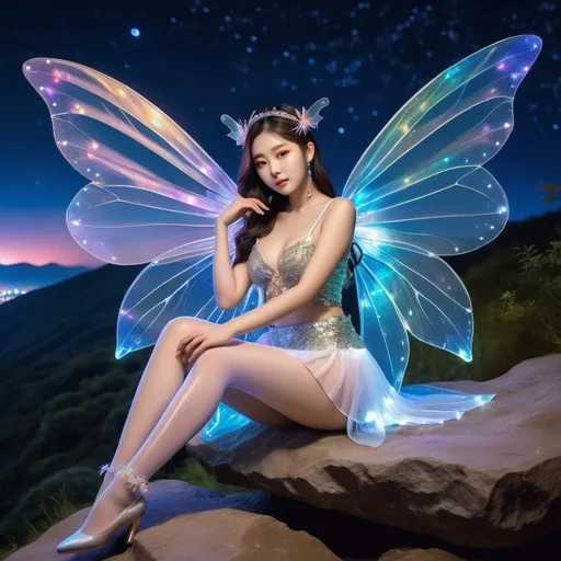 Prompt: fantastic fantasy art, young korean woman with gigantic colourful semi-transparent fairy wings, tight pearly outfit (short skirt, crop-top, belly-baring, decollete), sitting on a rock with spreded wide open legs, arms casually resting on her knees, beaded white decorated stockings, chubby thighs, dark night with a magnificent starry sky in the background, hard spotlight lighting giving the picture a certain drama.
AI defined exquisitely beautiful, totally ultra realistic young adult Korean, gorgeously detailed facial features, sumptuous cleavage, perfect body proportions, ultra pale, ultra glamorous, perfect shading, impeccable contrast, HDR, UHD, high res, 64k