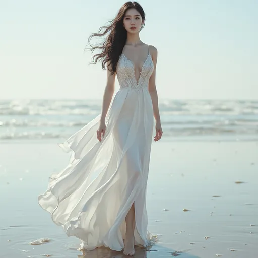 Prompt: hyper detailed, ultra realistic, highly detailed, AI defined exquisitely beautiful, totally ultra realistic young adult Korean, gorgeously detailed facial features, sumptuous cleavage, perfect body proportions, ultra pale, ultra glamorous bride, walking in a serene beach, Wet feet and dress, 

HDR, UHD, high res, 64k, cinematic lighting, special effects, hd octaneArtgerm