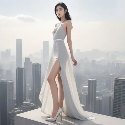 Prompt: korean Calvin Klein model in advertisement, heel pumps, 
She stands on top of a skyscraper and looks out over the city.
Sunny weather, 

Full body shot, hyper detailed, ultra realistic, highly detailed, surreal heavy mist, AI defined exquisitely beautiful, totally ultra realistic young adult Korean, gorgeously detailed facial features, perfect body proportions, ultra pale, ultra glamorous, perfect shading, impeccable contrast, HDR, UHD, high res, 64k