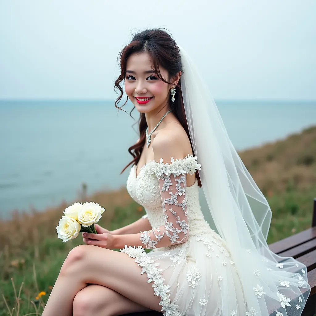 Prompt: Cute and glamorous 20-something Korean woman, very beautiful, baby face
Photoshoot wearing see-through mini wedding dress, garter belt, and high heels
Smiling expression
Outfit that emphasizes glamorous body
Clothing is a bit small
Chest sticks out
Holding a small bouquet in one hand.
Photoshoot on a windy seaside hill.
Skirt and veil blowing in the wind
Sitting on a bench with legs slightly spread
Thighs visible
Wearing a garter belt
splash art, hyper detailed, ultra realistic, highly detailed, surreal heavy mist, AI defined exquisitely beautiful, totally ultra realistic young adult Korean, gorgeously detailed facial features, sumptuous cleavage, perfect body proportions, ultra pale, ultra glamorous, perfect shading, impeccable contrast, HDR, UHD, high res, 64k