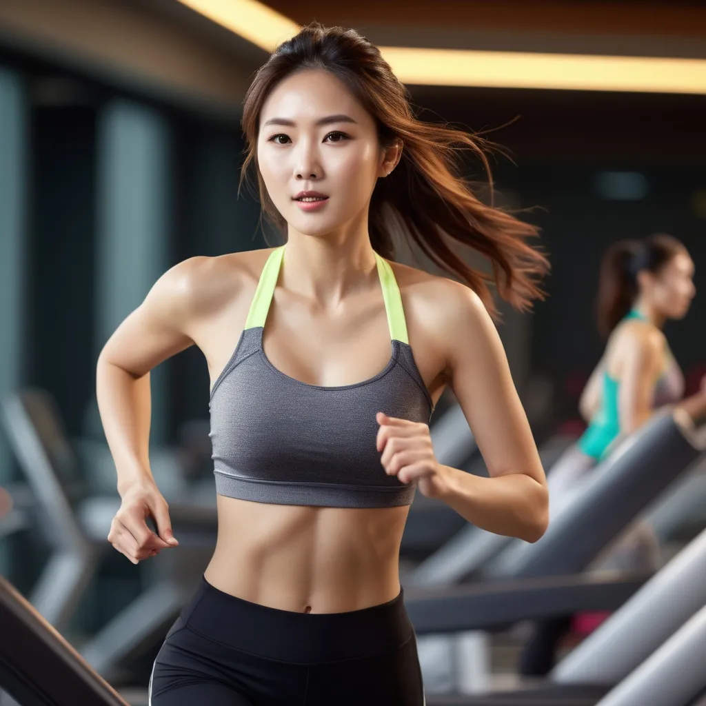 Prompt: A glamorous Korean woman in her 20s running on a treadmill at the gym wearing leggings and a strapless top.