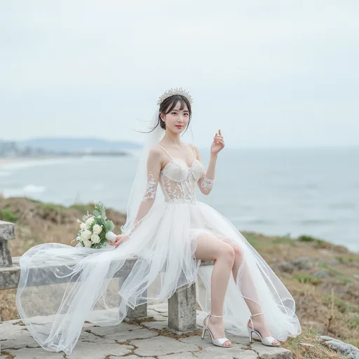Prompt: Cute and glamorous 20-something Korean woman, very beautiful, baby face
Photoshoot wearing see-through mini wedding dress, garter belt, and high heels
Smiling expression
Outfit that emphasizes glamorous body
Clothing is a bit small
Chest sticks out
Holding a small bouquet in one hand.
Photoshoot on a windy seaside hill.
Skirt and veil blowing in the wind
Sitting on a bench with legs slightly spread
Thighs visible
Wearing a garter belt
splash art, hyper detailed, ultra realistic, highly detailed, surreal heavy mist, AI defined exquisitely beautiful, totally ultra realistic young adult Korean, gorgeously detailed facial features, sumptuous cleavage, perfect body proportions, ultra pale, ultra glamorous, perfect shading, impeccable contrast, HDR, UHD, high res, 64k