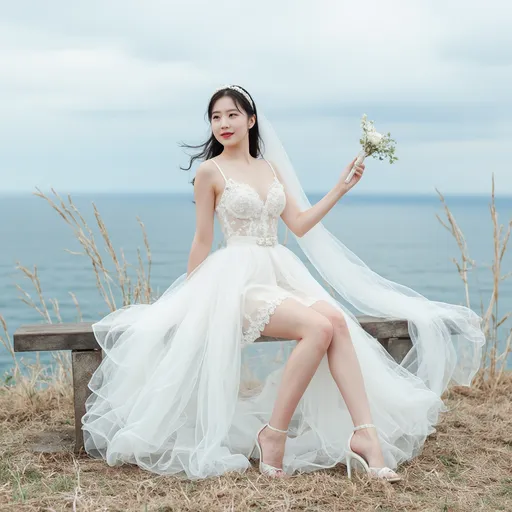 Prompt: Cute and glamorous 20-something Korean woman, very beautiful, baby face
Karina of aespa
During a photoshoot wearing a see-through mini wedding dress, garter belt, and high heels
Hairband on her head
Smiling expression
Outfit that emphasizes her glamorous body
Small clothes
Chest sticks out
Holding a small bouquet in one hand.
Taking a photo on a windy seaside hill.
Skirt and veil blowing in the wind
Sitting on a bench with her legs slightly spread
Thighs visible
Wearing a garter belt
