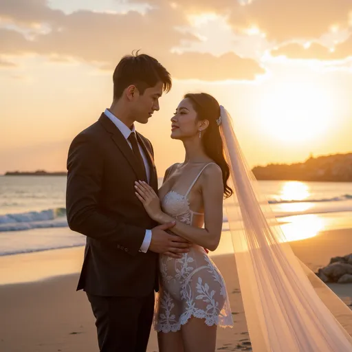 Prompt: Sunset over the sea, sunset, warm feeling,
A Korean groom and bride are having their wedding photoshoot on a windy beach. 

The groom is holding the bride's waist with one hand.
The groom is wearing a tight-fitting suit.

The bride is wearing a see-through mini wedding dress.
She is wearing stockings, a garter belt, and a veil.
The veil and dress are blowing in the wind.
hyper detailed, ultra realistic, highly detailed, AI defined exquisitely beautiful, totally ultra realistic young adult Korean, gorgeously detailed facial features, perfect body proportions, ultra pale, ultra glamorous, HDR, UHD, high res, 64k, cinematic lighting, special effects, hd octaneArtgerm