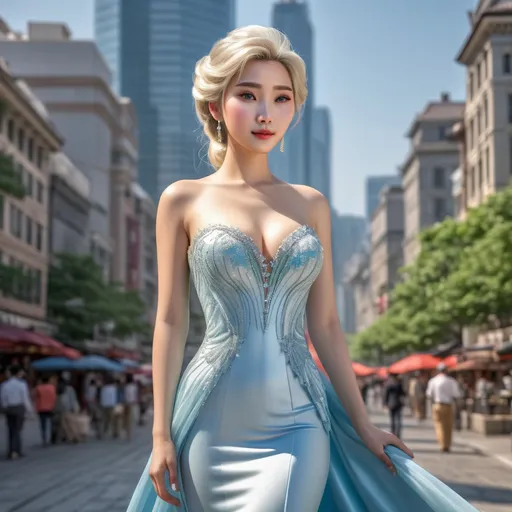 Prompt: Full body shot of Elsa wearing, in the city
AI defined exquisitely beautiful, totally ultra realistic young adult Korean, gorgeously detailed facial features, sumptuous cleavage, perfect body proportions, ultra pale, ultra glamorous, perfect shading, impeccable contrast, HDR, UHD, high res, 64k