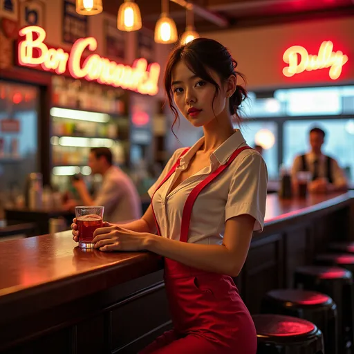 Prompt: bartender, in the pub, Dazzlingly beautiful girl, Pure appearance, 
She is wearing a skirt with suspenders and is leaning her head forward. 
One strap of suspenders came loose.
full body shot, Heel boots.
AI defined exquisitely beautiful, totally ultra realistic young adult Korean, gorgeously detailed facial features, perfect body proportions, ultra pale, ultra glamorous, perfect shading, impeccable contrast, HDR, UHD, high res, 64k