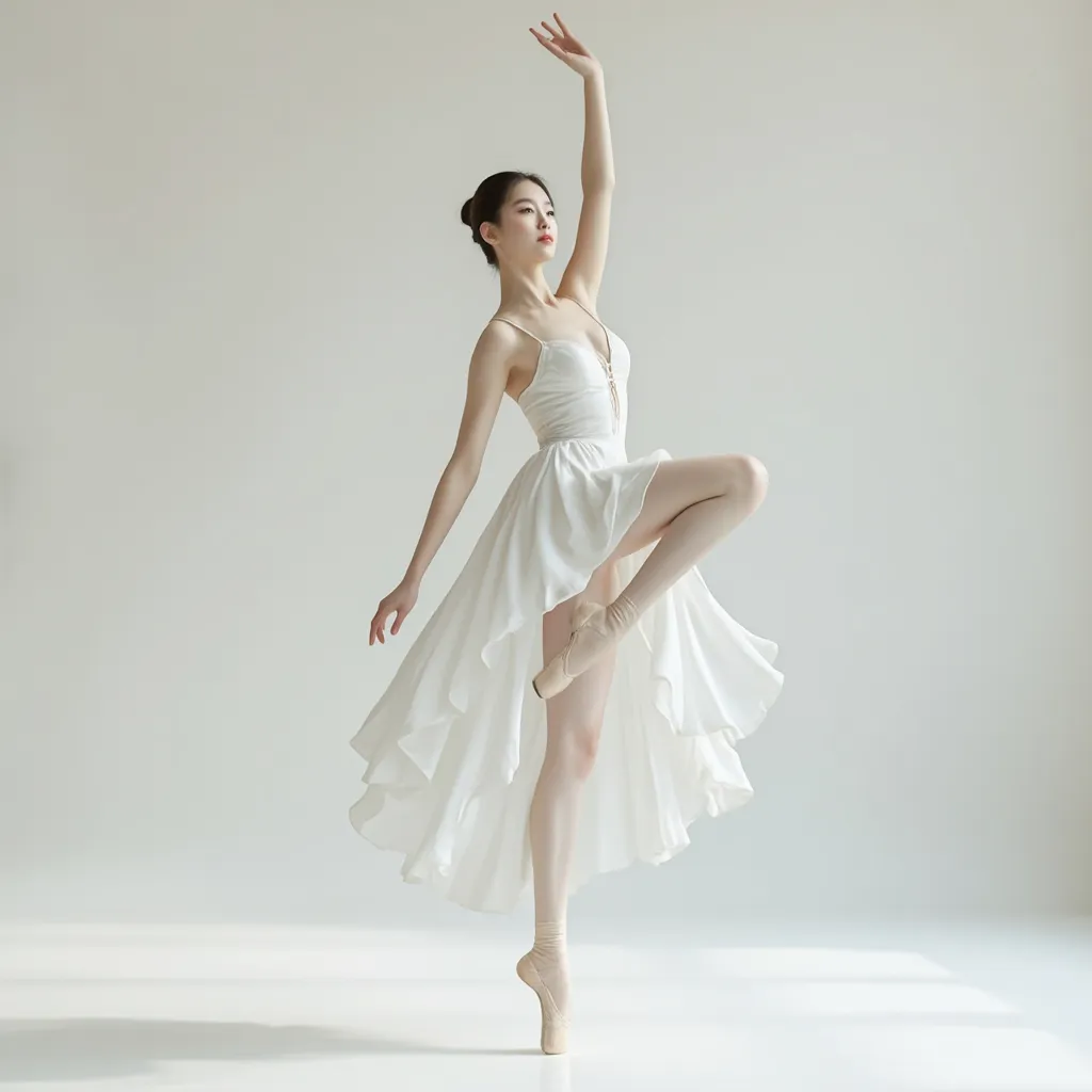 Prompt: Full body of a woman dancing, 
a woman in a white dress is dancing on a dance floor with a light background and a spotlight in the background, Chen Jiru, arabesque, elegant pose, a marble sculpture, A ballet move where you jump with your legs apart, 
AI defined exquisitely beautiful, totally ultra realistic young Korean, gorgeously detailed facial features, sumptuous cleavage, perfect body proportions, ultra pale, ultra glamorous, perfect shading, impeccable contrast, HDR, UHD, high res, 64k
