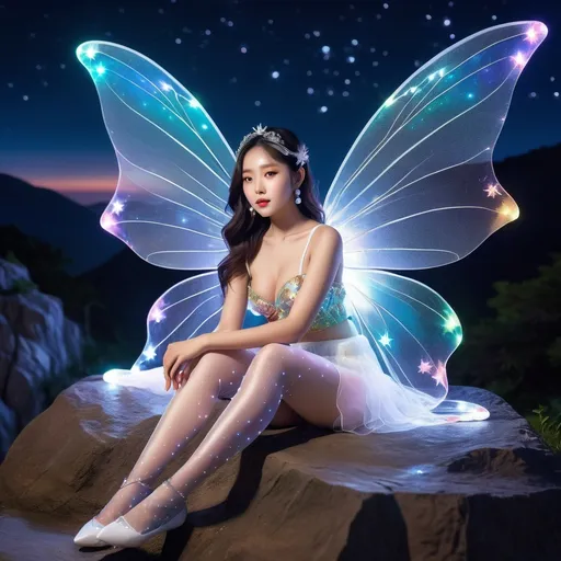 Prompt: fantastic fantasy art, young korean woman with gigantic colourful semi-transparent fairy wings, tight pearly outfit (short skirt, crop-top, belly-baring, decollete), sitting on a rock with spreded wide open legs, arms casually resting on her knees, beaded white decorated stockings, chubby thighs, dark night with a magnificent starry sky in the background, hard spotlight lighting giving the picture a certain drama.
AI defined exquisitely beautiful, totally ultra realistic young adult Korean, gorgeously detailed facial features, sumptuous cleavage, perfect body proportions, ultra pale, ultra glamorous, perfect shading, impeccable contrast, HDR, UHD, high res, 64k