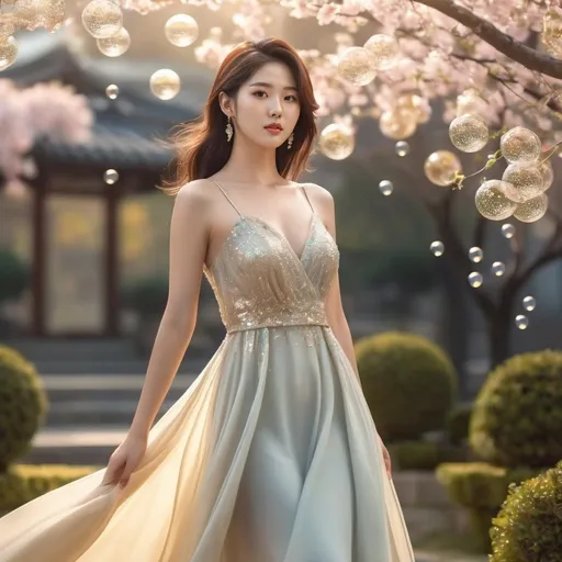 Prompt: korean woman, Prosecco dress, (sparkling elegance), voluminous silk fabric, glistening bubbles embedded, (feminine silhouette), romantic flow, soft pastel colors with golden highlights, shimmering under gentle light, (high fashion), luxurious atmosphere, celebratory mood, whimsical elegance, surrounded by a stylish garden setting, ultra-detailed, 4K quality.
AI defined exquisitely beautiful, totally ultra realistic young adult Korean, gorgeously detailed facial features, perfect body proportions, ultra pale, ultra glamorous girl, Full body photo, no shoes, HDR, UHD, high res, 64k, cinematic lighting, special effects, hd octaneArtgerm