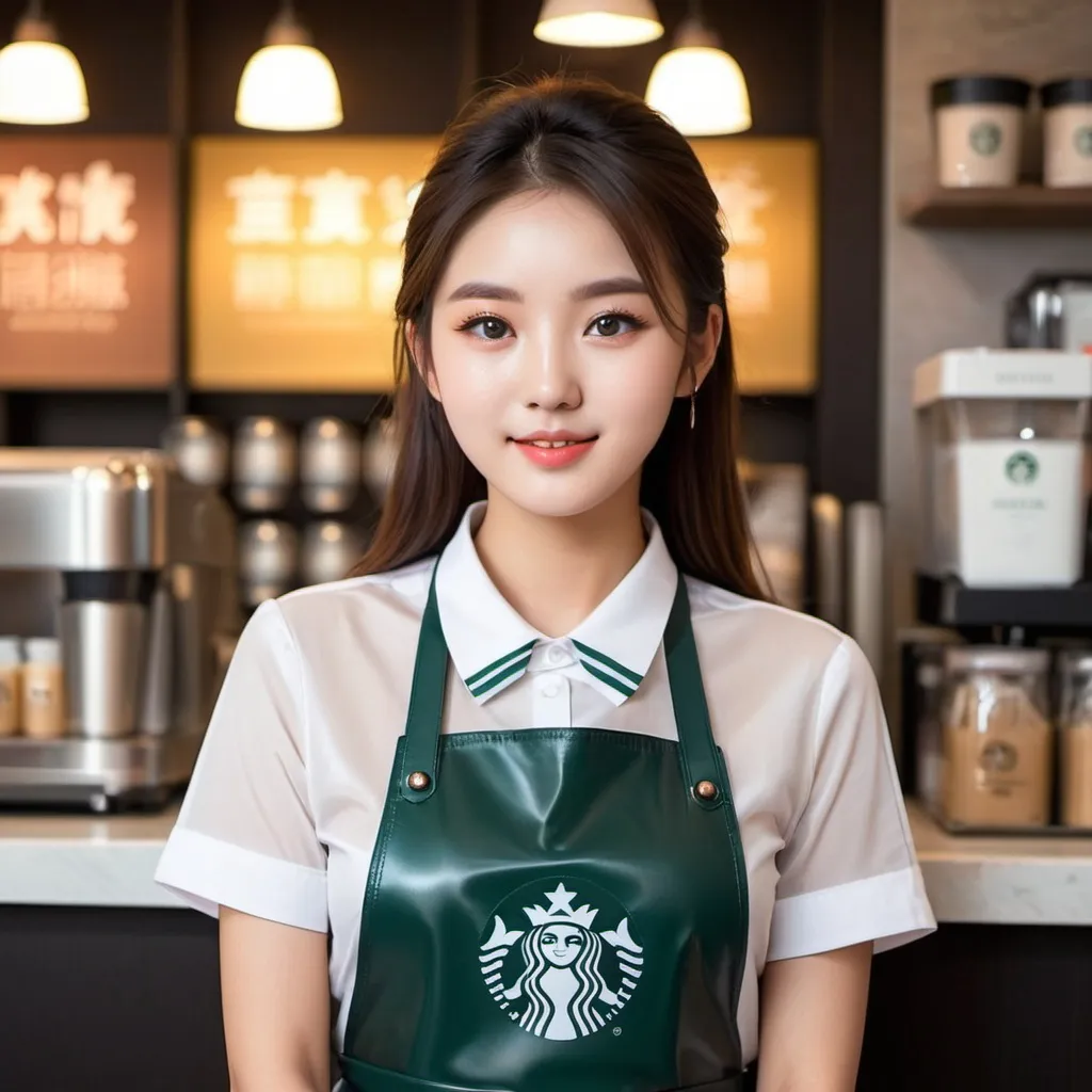 Prompt: Starbucks barista, dazzlingly beautiful face, cute expression, glamorous 20-year-old Korean woman, transparent vinyl uniform and apron,