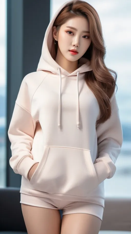 Prompt: No bottoms, 
oversized hoodie that reaches down to the knees, 
Outfit that emphasizes her glamorous body, full body, huge chest. AI defined exquisitely beautiful, totally ultra realistic young adult Korean, gorgeously detailed facial features, perfect body proportions, ultra pale, ultra glamorous, perfect shading, impeccable contrast, HDR, UHD, high res, 64k