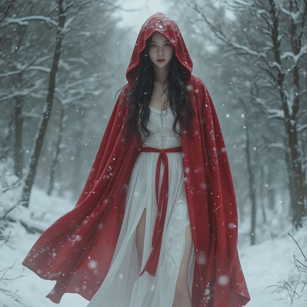 Prompt: Wizard of the Fantasy World, white innerwear and red cloak, 
pure look, innocent look, pale skin, cute face, baby face, stockings, full body, Get lost in the woods. Snowy weather, A werewolf is chasing after her from afar.
hyper detailed, ultra realistic, highly detailed, surreal heavy mist, AI defined exquisitely beautiful, totally ultra realistic young adult Korean, gorgeously detailed facial features, sumptuous cleavage, perfect body proportions, ultra pale, ultra glamorous, perfect shading, impeccable contrast, HDR, UHD, high res, 64k
