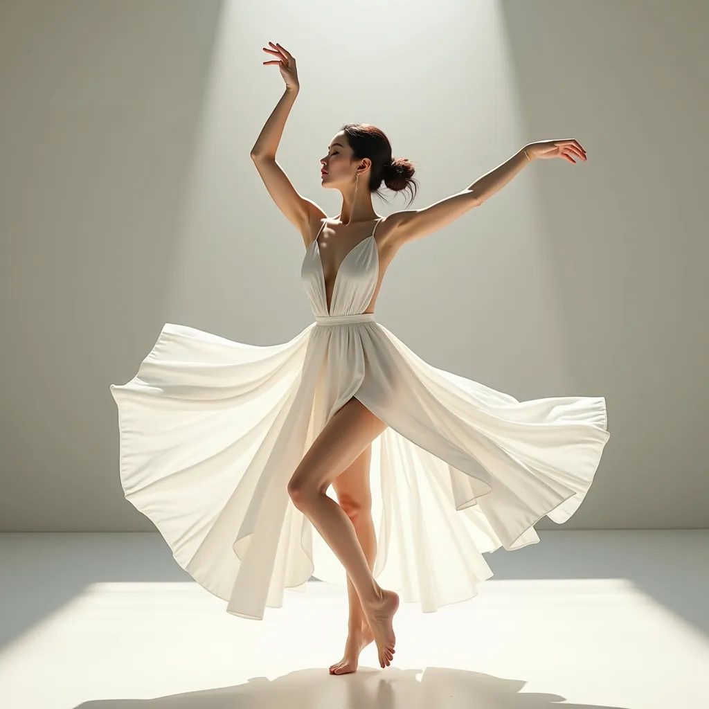 Prompt: Full body of a woman dancing, 
a woman in a white dress is dancing on a dance floor with a light background and a spotlight in the background, Chen Jiru, arabesque, elegant pose, a marble sculpture, 
AI defined exquisitely beautiful, totally ultra realistic young adult Korean, gorgeously detailed facial features, sumptuous cleavage, perfect body proportions, ultra pale, ultra glamorous, perfect shading, impeccable contrast, HDR, UHD, high res, 64k