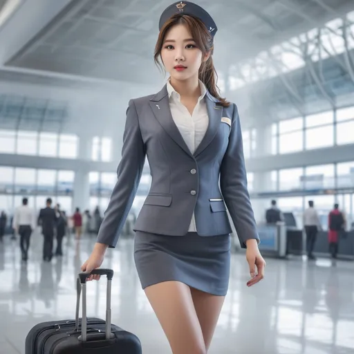 Prompt: splash art, hyper detailed, ultra realistic, highly detailed, surreal heavy mist, Detailed full body depiction, AI defined exquisitely beautiful, totally ultra realistic young adult Korean, gorgeously detailed facial features, sumptuous cleavage, perfect body proportions, ultra pale, ultra glamorous stewardess, walking in a airport, Blouse and stockings, 
HDR, UHD, high res, 64k, hd octaneArtgerm