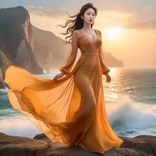 Prompt: (Beautiful korean woman), elegant long flowing gossamer see-through dress, dramatic wind-blown movement, perched on a rugged cliff top, vibrant sunset colors illuminating the sky, serene sea and beach below, warm golden hues, breathtaking scenery, soft romantic ambiance, vivid details, high depth cinematic masterpiece, ultra-detailed, atmospheric setting.
splash art, hyper detailed, ultra realistic, highly detailed, surreal heavy mist, AI defined exquisitely beautiful, totally ultra realistic young adult Korean, gorgeously detailed facial features, sumptuous cleavage, perfect body proportions, ultra pale, ultra glamorous