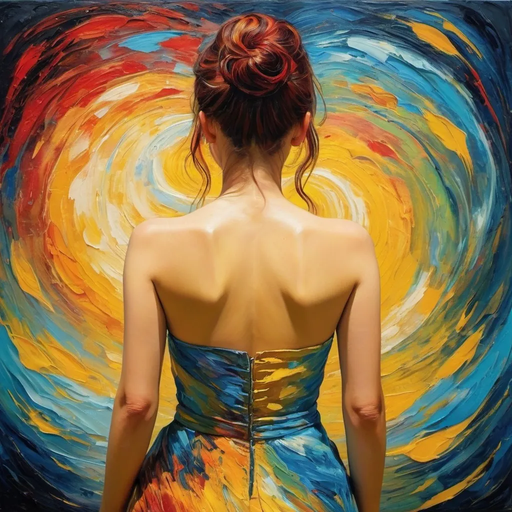 Prompt: Back view of an artist painting an abstract painting on canvas in the style of Van Gogh
Female artist
Dynamic performance
Glamorous body
Paint smeared all over the body