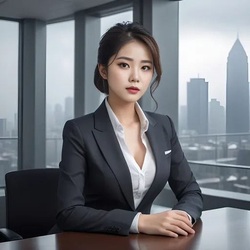 Prompt: splash art, hyper detailed, ultra realistic, highly detailed, surreal heavy mist, AI defined exquisitely beautiful, totally ultra realistic young adult Korean, gorgeously detailed facial features, sumptuous cleavage, perfect body proportions, ultra pale, ultra glamorous, CEO in suit in city view office in high rise building

Perfect studio lighting, perfect shading, impeccable contrast, HDR, UHD, high res, 64k