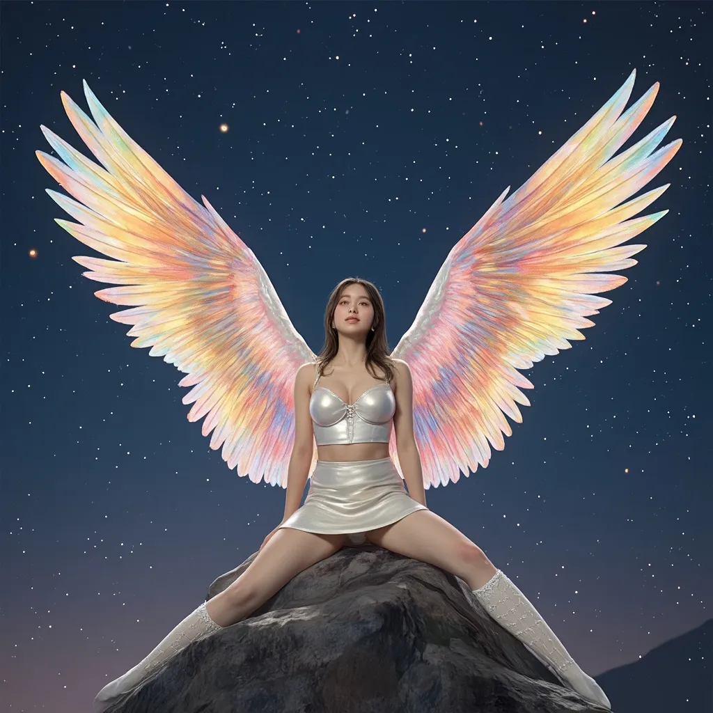 Prompt: fantastic fantasy art, young korean woman with gigantic colourful semi-transparent angel wings, tight pearly outfit (short skirt, crop-top, belly-baring, decollete), sitting on a rock with spreded wide open legs, arms casually resting on her knees, beaded white decorated stockings, chubby thighs, dark night with a magnificent starry sky in the background, hard spotlight lighting giving the picture a certain drama.
AI defined exquisitely beautiful, totally ultra realistic young adult Korean, gorgeously detailed facial features, sumptuous cleavage, perfect body proportions, ultra pale, ultra glamorous, chubby, fat, perfect shading, impeccable contrast, HDR, UHD, high res, 64k