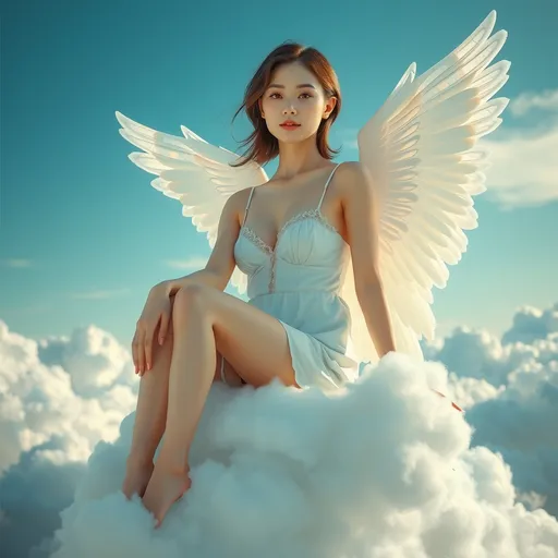 Prompt: A Korean woman angel sitting on a cloud on a sky wearing only a slips, full body, photo, 
visible thighs, hyper detailed, ultra realistic, highly detailed, AI defined exquisitely beautiful, totally ultra realistic young adult Korean, gorgeously detailed facial features, perfect body proportions, ultra pale, ultra glamorous, HDR, UHD, high res, 64k, cinematic lighting, special effects, hd octaneArtgerm