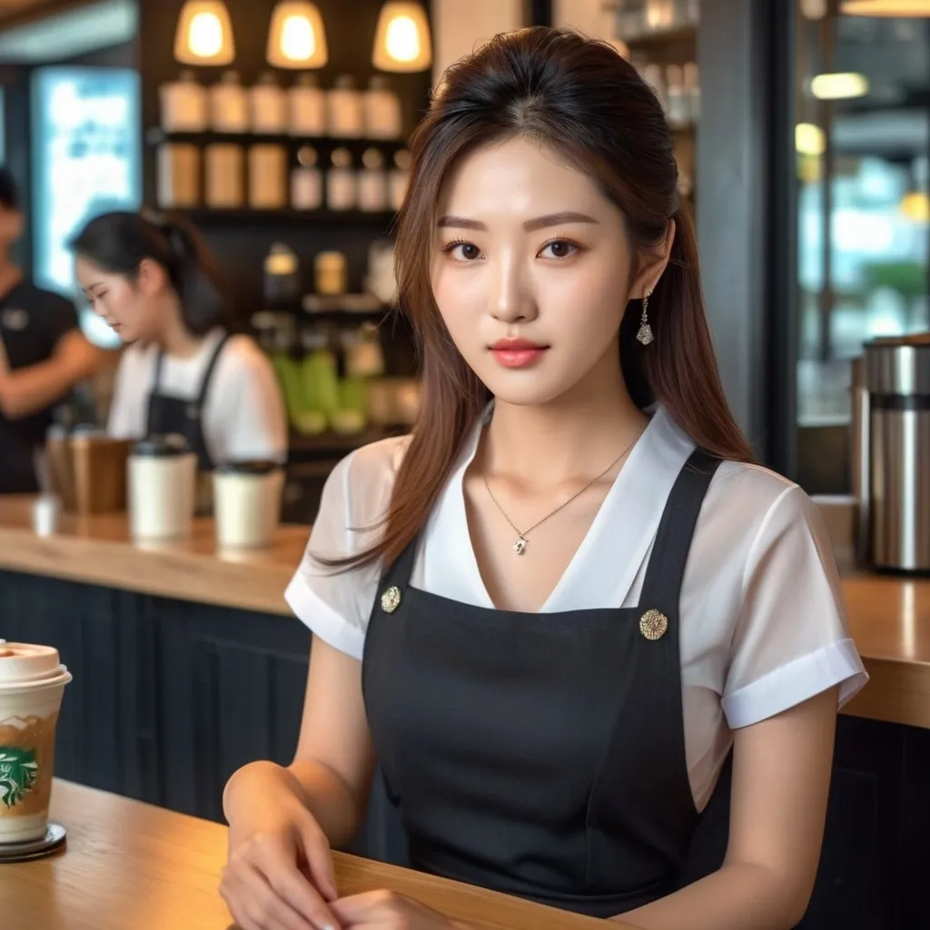 Prompt: Starbucks barista, dazzlingly beautiful face, cute expression, glamorous 20-year-old Korean woman, 
AI defined exquisitely beautiful, totally ultra realistic young adult Korean, gorgeously detailed facial features, sumptuous cleavage, perfect body proportions, ultra pale, ultra glamorous, perfect shading, impeccable contrast, HDR, UHD, high res, 64k