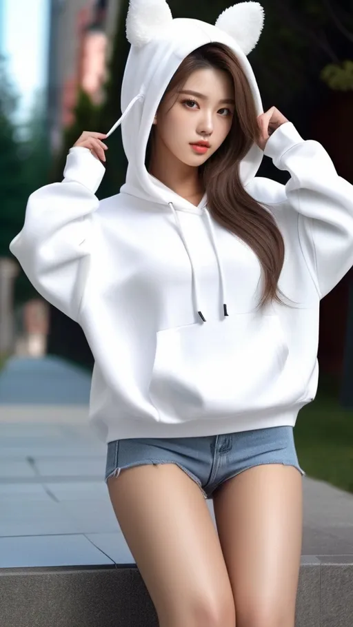 Prompt: No bottoms, 
oversized hoodie that reaches down to the knees, Squatting, 
Outfit that emphasizes her glamorous body, full body, huge chest. AI defined exquisitely beautiful, totally ultra realistic young adult Korean, gorgeously detailed facial features, perfect body proportions, ultra pale, ultra glamorous, perfect shading, impeccable contrast, HDR, UHD, high res, 64k