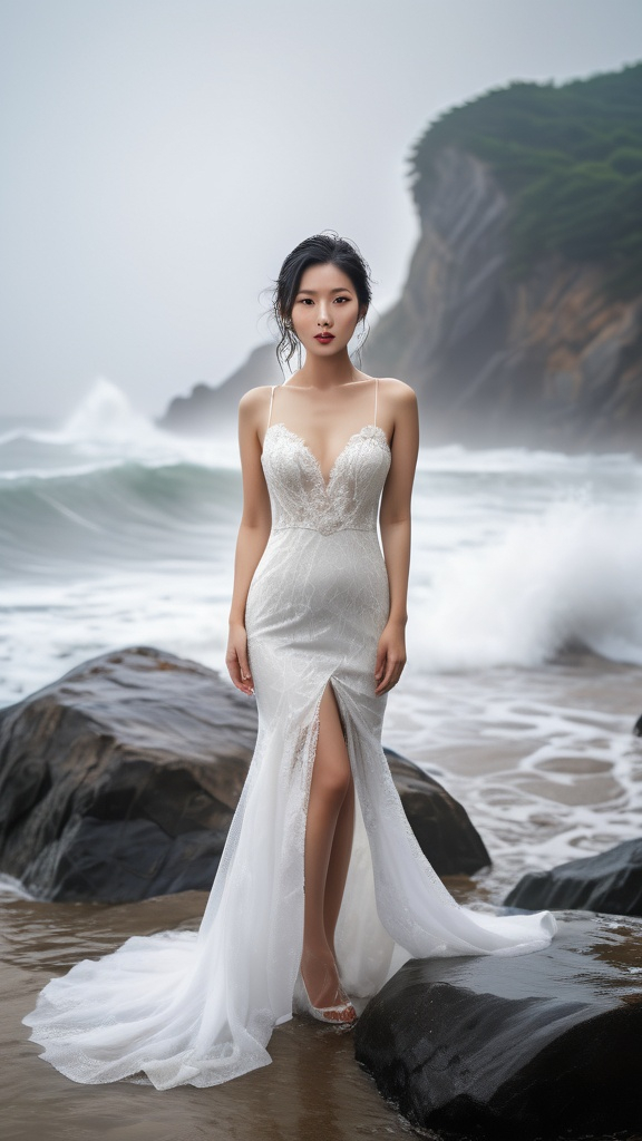 Prompt: A glamorous and beautiful Korean woman in her 30s standing on a rock on the beach with waves crashing down on her, 
She is wearing a mini wedding dress and is soaking wet.
rainy weather, Wet face, Wet hair, water flowing from her body.
full body shot, hyper detailed, ultra realistic, highly detailed, surreal heavy mist, AI defined exquisitely beautiful, totally ultra realistic young adult Korean, gorgeously detailed facial features, sumptuous cleavage, perfect body proportions, ultra pale, ultra glamorous, perfect shading, impeccable contrast, HDR, UHD, high res, 64k