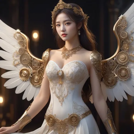 Prompt: (Clockwork angel), intricate mechanical wings, elegant gears intertwined, clockwork clothing and shoes, golden patina, ethereal glow, wisps of steam, serene expression, halo of delicate cogs, set against a dark atmospheric background, faint glimmering lights illuminating, mystical, enchanting, highly detailed, fantasy art style, invoking a sense of wonder, 4K, ultra-detailed.
hyper detailed, ultra realistic, highly detailed, AI defined exquisitely beautiful, totally ultra realistic young adult Korean, gorgeously detailed facial features, sumptuous cleavage, perfect body proportions, ultra pale, ultra glamorous, perfect shading, impeccable contrast, HDR, UHD, high res, 64k