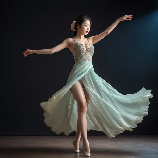 Prompt: Full body of a korean woman dancing,
AI defined exquisitely beautiful, totally ultra realistic young adult Korean, gorgeously detailed facial features, sumptuous cleavage, perfect body proportions, ultra pale, ultra glamorous, perfect shading, impeccable contrast, HDR, UHD, high res, 64k