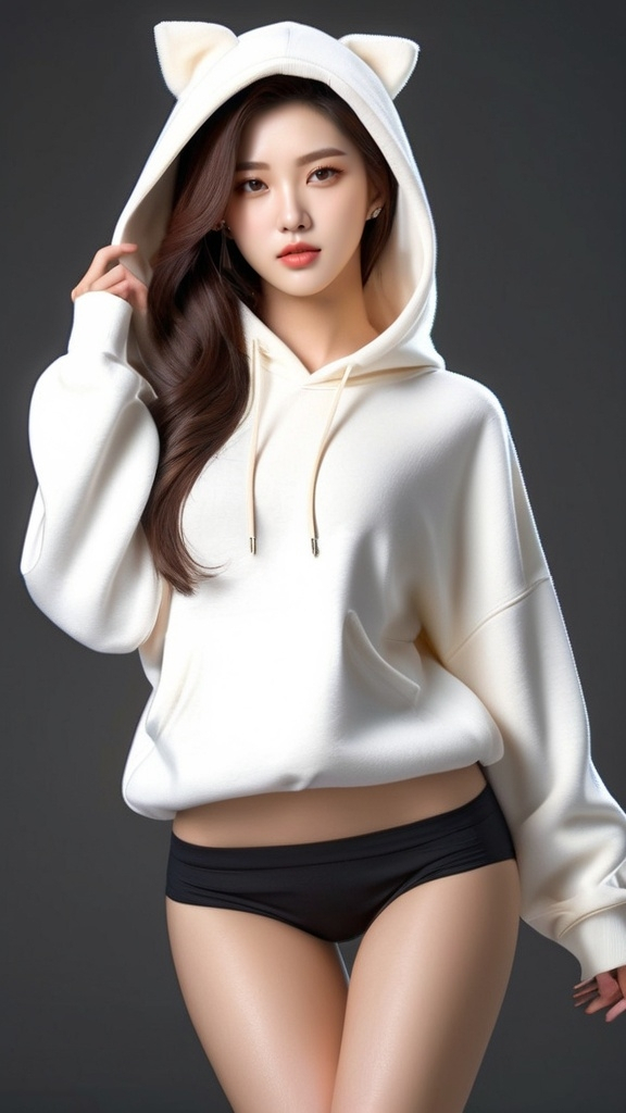 Prompt: No bottoms, 
oversized hoodie that reaches down to the knees, 
Outfit that emphasizes her glamorous body, full body, huge chest. AI defined exquisitely beautiful, totally ultra realistic young adult Korean, gorgeously detailed facial features, perfect body proportions, ultra pale, ultra glamorous, perfect shading, impeccable contrast, HDR, UHD, high res, 64k