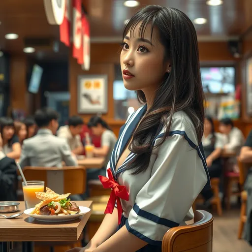 Prompt: An 20-year-old japanese cute girl wearing a mini school uniform sitting on a high chair in a crowded restaurant waiting for food, deep cleavage, side view. full body

natural lighting, hyper detailed, ultra realistic, highly detailed, surreal heavy mist, AI defined exquisitely beautiful, totally ultra realistic, young adult japanese, gorgeously detailed facial features, sumptuous cleavage, perfect body proportions, ultra pale, ultra glamorous, perfect shading, impeccable contrast, HDR, UHD, high res, 64k