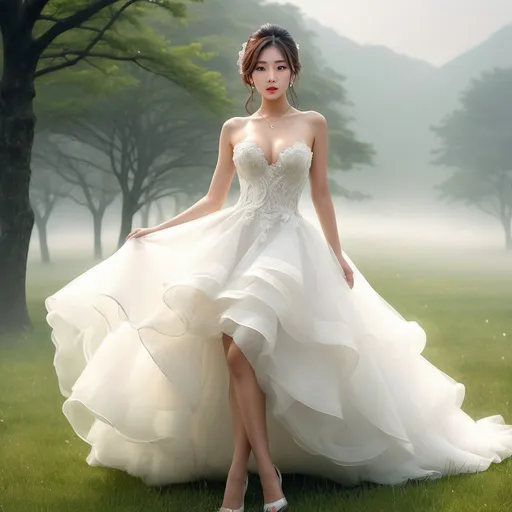 Prompt: full body shot, splash art, hyper detailed, ultra realistic, highly detailed, surreal heavy mist, AI defined exquisitely beautiful, totally ultra realistic young adult Korean, gorgeously detailed facial features, sumptuous cleavage, perfect body proportions, ultra pale, ultra glamorous bride, walking in a swirling fog, micro dress, on the grass, 

perfect shading, impeccable contrast, HDR, UHD, high res, 64k, cinematic lighting, special effects, hd octaneArtgerm, WLOP, dynamic studio quality lighting hyper-detailed, intricately detailed, Splash art, trending on Artstation, triadic colors, Unreal Engine 5 volumetric lighting, unreal engine, octane render.