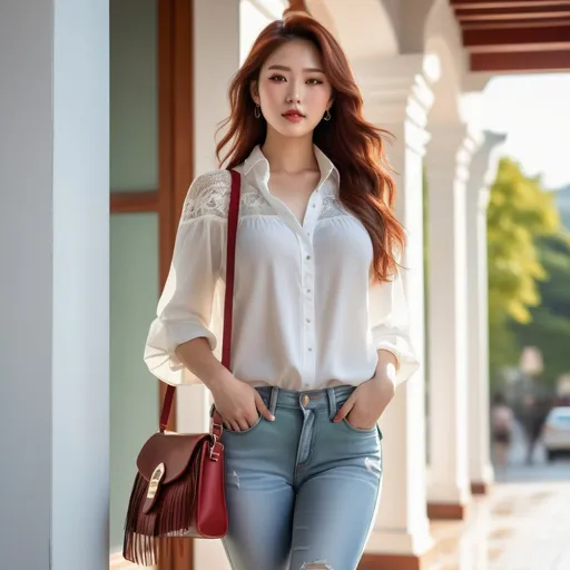 Prompt: Beautiful curvy but trim Korean woman, (gorgeous diamond face), white blouse, torn short denim jeans, light brown cowboy boots, suede fringe shoulder bag, long red-chestnut hair, green eyes, (standing under a modern portico), (sunny day), soft reflections on wet surfaces, moody ambiance, vibrant colors, high detail & quality, 8K, (photorealistic) pro photo, magical atmosphere.