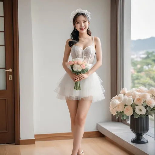 Prompt: Cute and glamorous Korean woman in her 20s During a photoshoot wearing a see-through mini wedding dress, garter belt, and high heels Hairband on her head Smiling expression Outfit that emphasizes her glamorous body Clothing is a bit small Chest sticks out Holding a small bouquet in one hand. During a photoshoot on a classic house. Thighs visible Wearing a garter belt

AI defined exquisitely beautiful, totally ultra realistic young adult Korean, gorgeously detailed facial features, sumptuous cleavage, perfect body proportions, ultra pale, ultra glamorous, perfect shading, impeccable contrast, HDR, UHD, high res, 64k