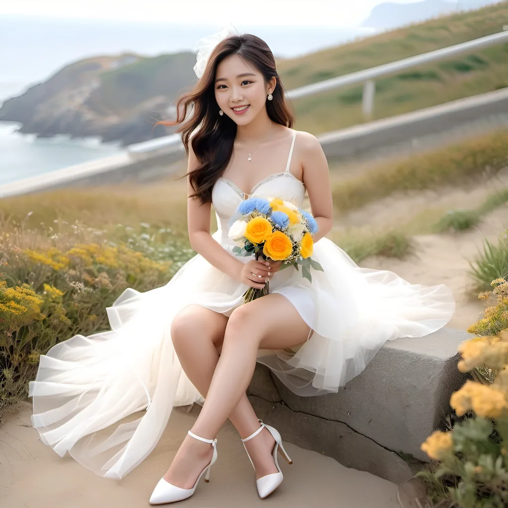 Prompt: Cute and glamorous 20-something Korean woman, very beautiful, baby face
Photoshoot wearing see-through mini wedding dress, garter belt, and high heels
Smiling expression
Outfit that emphasizes glamorous body
Clothing is a bit small
Chest sticks out
Holding a small bouquet in one hand.
Photoshoot on a windy seaside hill.
Skirt and veil blowing in the wind
Sitting on a bench with legs slightly spread
Thighs visible
Wearing a garter belt
splash art, hyper detailed, ultra realistic, highly detailed, surreal heavy mist, AI defined exquisitely beautiful, totally ultra realistic young adult Korean, gorgeously detailed facial features, sumptuous cleavage, perfect body proportions, ultra pale, ultra glamorous, perfect shading, impeccable contrast, HDR, UHD, high res, 64k