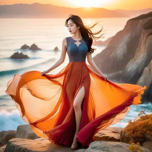 Prompt: (Beautiful korean woman), elegant long flowing gossamer dress, dramatic wind-blown movement, perched on a rugged cliff top, vibrant sunset colors illuminating the sky, serene sea and beach below, warm golden hues, breathtaking scenery, soft romantic ambiance, vivid details, high depth cinematic masterpiece, ultra-detailed, atmospheric setting.