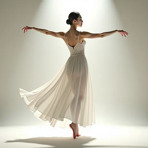 Prompt: Full body of a woman dancing, 
a woman in a white dress is dancing on a dance floor with a light background and a spotlight in the background, Chen Jiru, arabesque, elegant pose, a marble sculpture, 
AI defined exquisitely beautiful, totally ultra realistic young adult Korean, gorgeously detailed facial features, sumptuous cleavage, perfect body proportions, ultra pale, ultra glamorous, perfect shading, impeccable contrast, HDR, UHD, high res, 64k