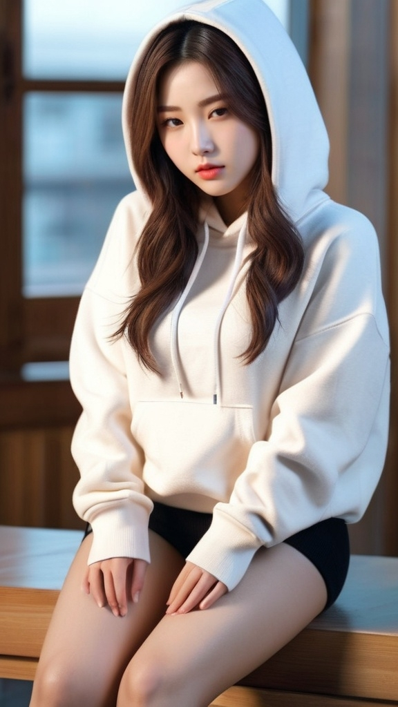 Prompt: No bottoms, 
oversized hoodie that reaches down to the knees, Squatting, 
Outfit that emphasizes her glamorous body, full body, huge chest. AI defined exquisitely beautiful, totally ultra realistic young adult Korean, gorgeously detailed facial features, perfect body proportions, ultra pale, ultra glamorous, perfect shading, impeccable contrast, HDR, UHD, high res, 64k