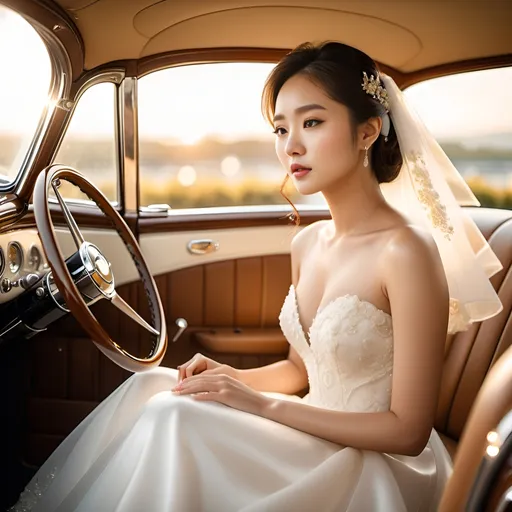 Prompt: A dazzlingly beautiful Korean woman in her 20s taking off her wedding dress in a classic car.