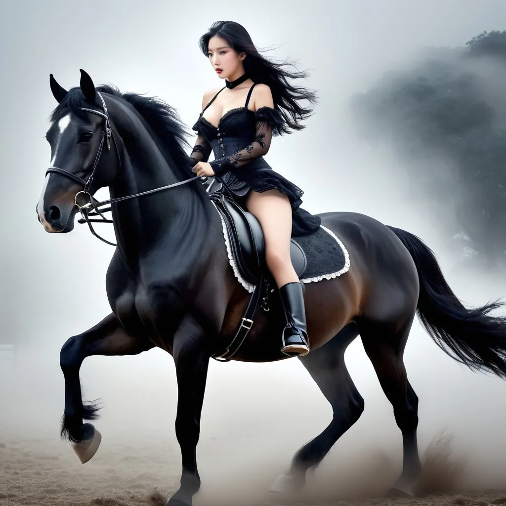 Prompt: Beautiful woman riding a black horse,
Wearing a garter belt, hyper detailed, ultra realistic, highly detailed, surreal heavy mist, AI defined exquisitely beautiful, totally ultra realistic young adult Korean, gorgeously detailed facial features, sumptuous cleavage, perfect body proportions, ultra pale, ultra glamorous, perfect shading, impeccable contrast, HDR, UHD, high res, 64k