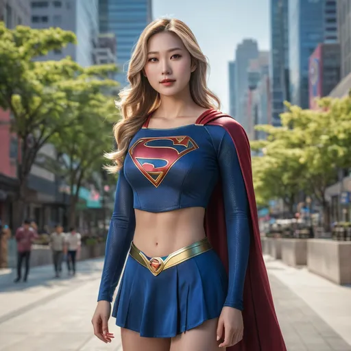 Prompt: Full body shot of Supergirl wearing only a top, in the city
AI defined exquisitely beautiful, totally ultra realistic young adult Korean, gorgeously detailed facial features, sumptuous cleavage, perfect body proportions, ultra pale, ultra glamorous, perfect shading, impeccable contrast, HDR, UHD, high res, 64k