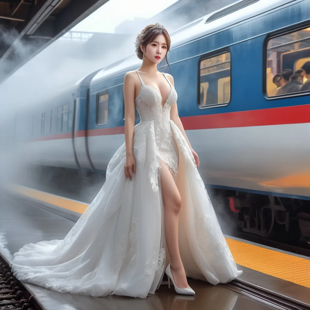 Prompt: splash art, hyper detailed, ultra realistic, highly detailed, surreal heavy mist, AI defined exquisitely beautiful, totally ultra realistic young adult Korean, gorgeously detailed facial features, sumptuous cleavage, perfect body proportions, ultra pale, ultra glamorous bride, walking in a train station, A picture of someone boarding a train with one leg raised, 

HDR, UHD, high res, 64k, cinematic lighting, special effects, hd octaneArtgerm