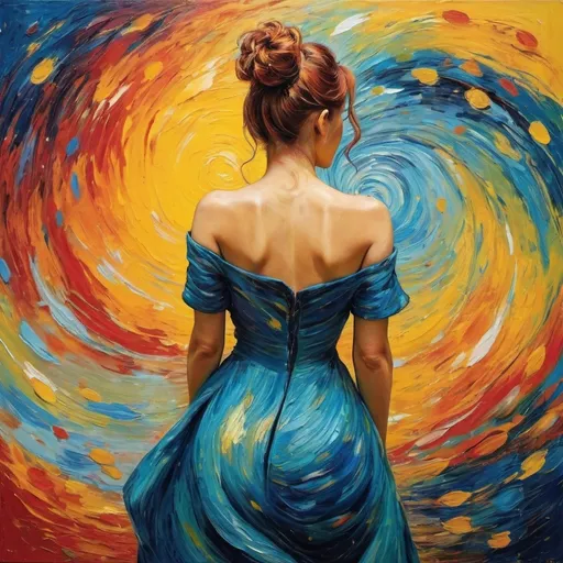 Prompt: Back view of an artist painting an abstract painting on canvas in the style of Van Gogh
Female artist
Dynamic performance
Glamorous body
Paint smeared all over the body