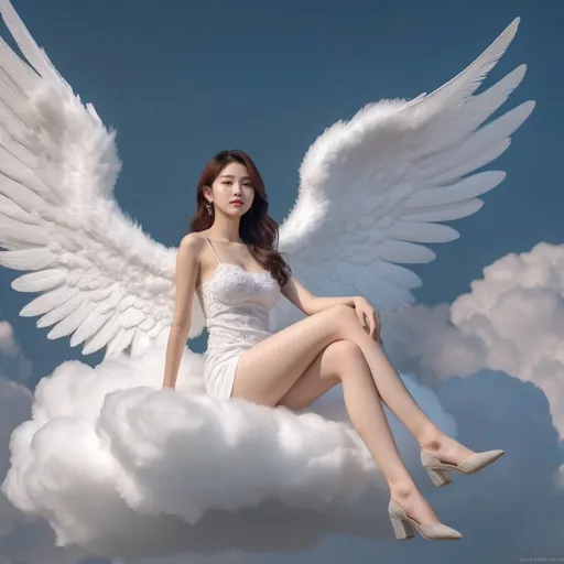 Prompt: A Korean woman angel sitting on a cloud on a sky wearing only a slips, full body, photo, 
visible thighs, hyper detailed, ultra realistic, highly detailed, AI defined exquisitely beautiful, totally ultra realistic young adult Korean, gorgeously detailed facial features, perfect body proportions, ultra pale, ultra glamorous, HDR, UHD, high res, 64k, cinematic lighting, special effects, hd octaneArtgerm