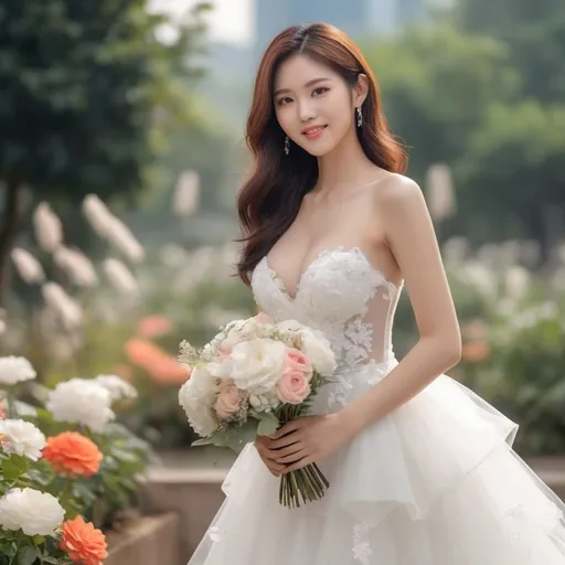 Prompt: Cute and glamorous 20-something Korean woman, very beautiful, baby face, Photoshoot wearing see-through mini wedding dress, garter belt, and high heels
Smiling expression, Outfit that emphasizes glamorous body, Clothing is a bit small, Chest sticks out, Holding a small bouquet in one hand. full body, 
A dazzlingly beautiful Korean woman in her 20s taking off her wedding dress in a flower garden.
Thighs visible, Wearing a garter belt, 
hyper detailed, ultra realistic, highly detailed, surreal heavy mist, AI defined exquisitely beautiful, totally ultra realistic young adult Korean, gorgeously detailed facial features, sumptuous cleavage, perfect body proportions, ultra pale, ultra glamorous, perfect shading, impeccable contrast, HDR, UHD, high res, 64k